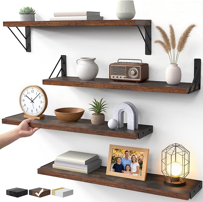 BAYKA Wall Shelves for Bedroom Decor, Floating Shelves for Wall, Display Mounted Rustic Wood Shelf for Books,Plants,Corner Shelves for Bathroom,Kitchen,Living Room(Rustic Brown，23in，Set of 4)