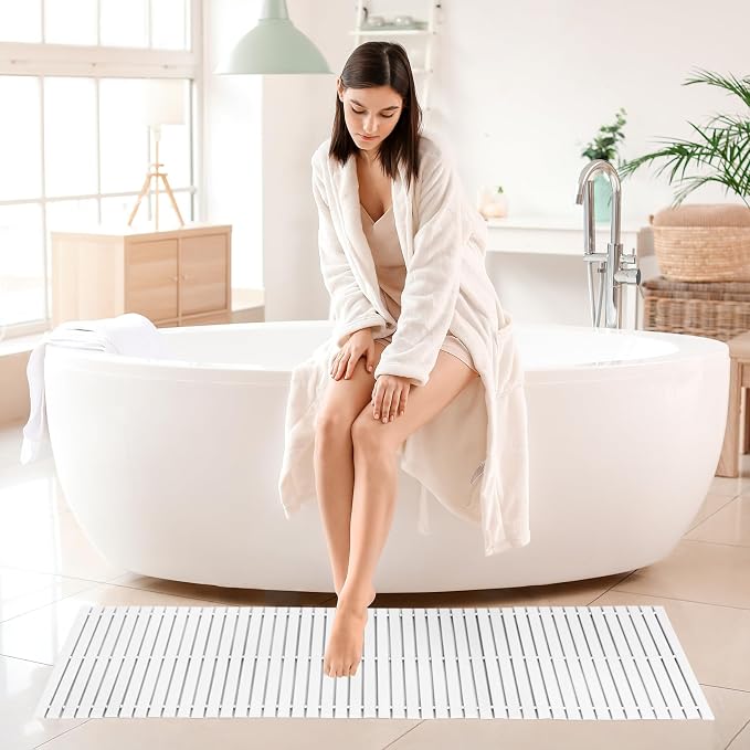 Bath Mat Bathroom Runner Long Large Rugs Floor Wood Shower Bathtub Waterproof Non Slip Accessories 16x48 Inch Easy to Clean, White, 1 pc
