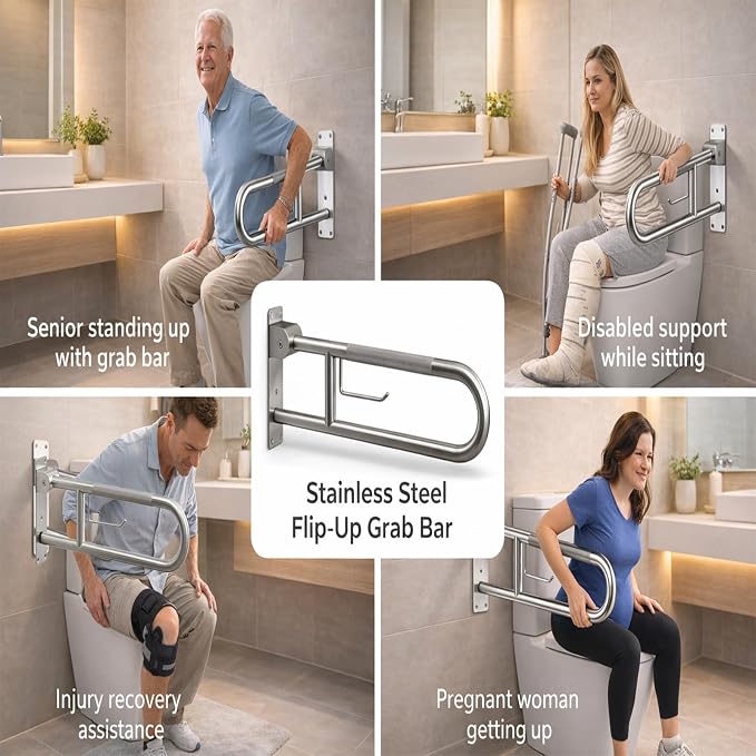 Grab Bar for Toilet,23.6" Flip-Up Toilet Grab Bar with Paper Holder,304 Stainless Steel Bathroom Safety Rail, Anti-Slip Folding Handicap Grab Bar for Seniors, Elderly & Disabled