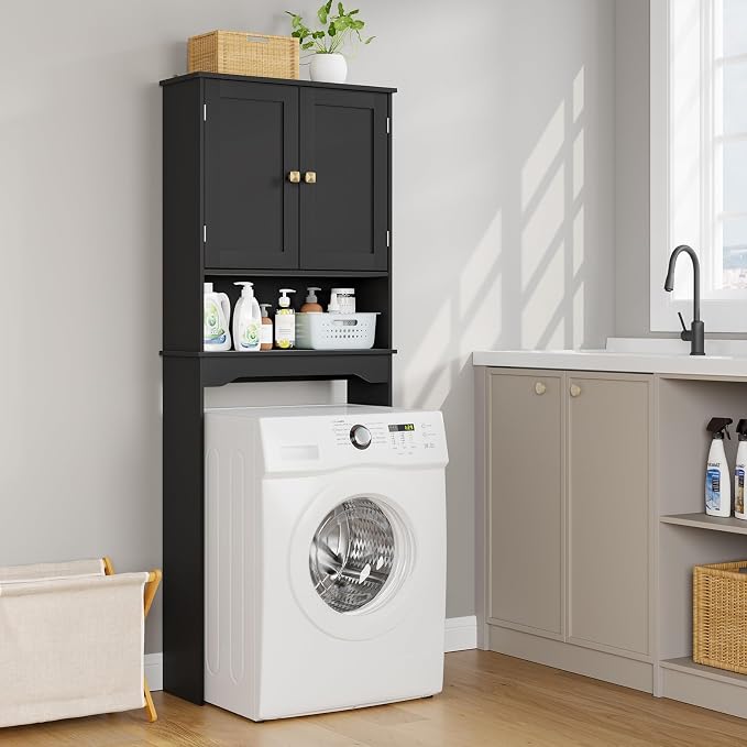RRX Bathroom Over The Toilet Storage Cabinet, Above Toilet Cabinets Organizer, 24.8" L x 9.1 "W x 65.7 "H Free Standing Toilet Rack with Adjustable Shelf and Open Storage(Black)