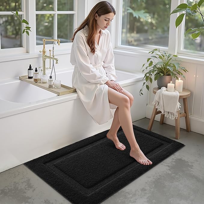 LUMI Large Ultra Soft Bathroom Rugs Non Slip with Rubber Backing, Absorbent Washable Bath Mat Quick Dry, Upgraded Premium Microfiber Plush Carpet for Bathtub and Shower Floor, Black, 24x43