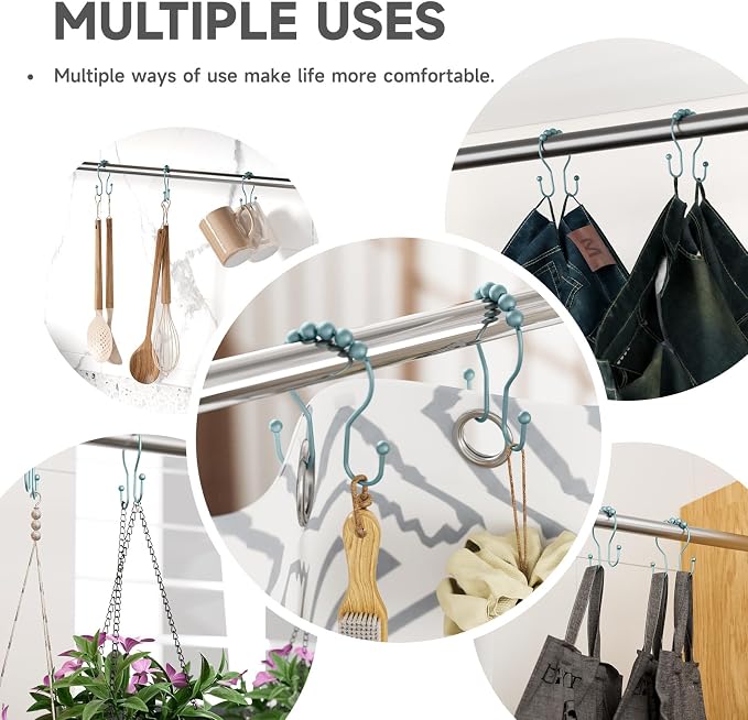 Bathway Shower Curtain Hooks, Shower Curtain Rings Rust Proof Double Hook Shower Curtain Hooks, 12 Pcs Shower Hooks for Shower Curtain, Shower Rings for Curtain, Metal Shower Rod Hooks Lightcyan
