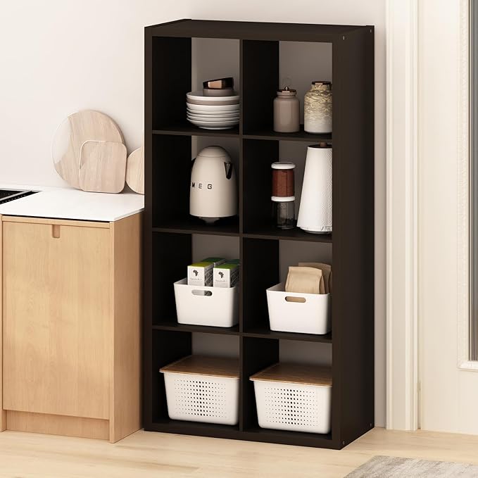 Furinno HERMITE Kitchen Island, 8-Cube Coffee Bar, Extra Thick Kitchen Storage, Bakers Rack, for Pantry Organizers and Storage, Kitchen Organization, Black Dark Oak