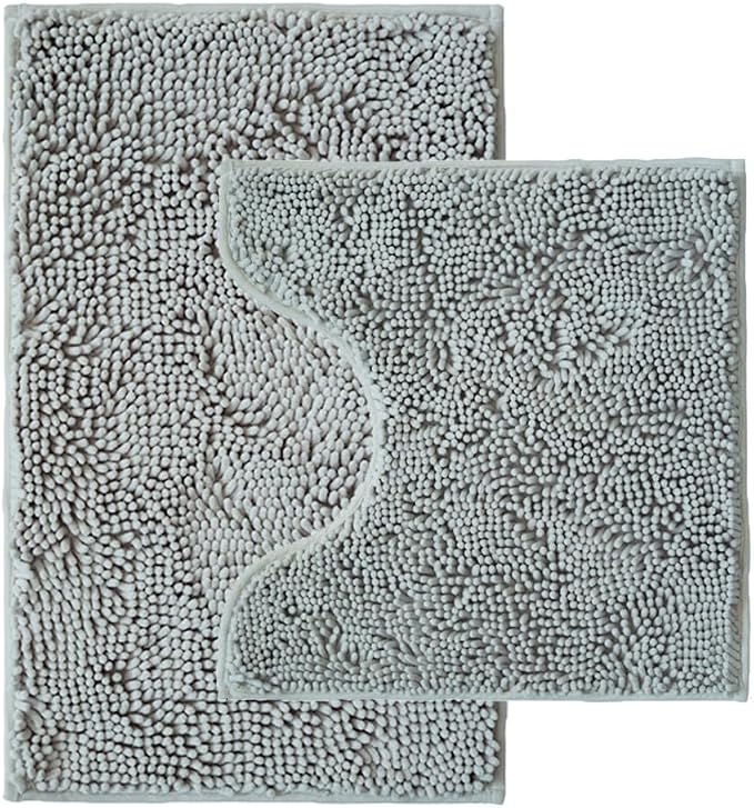 Bathroom Rugs Sets 2 Piece,Super Absorbent Chenille Bath Mats and U-Shaped Toilet Rug,Strong PVC Non Slip Backing,Microfiber Washable Dry Quickly Bath Mats for Bathroom(20"x32"+20"x20"U, Light Grey)