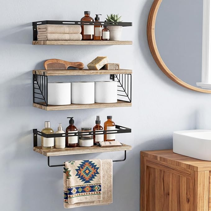 Fixwal Bathroom Shelves Over Toilet, Floating Shelves Wall Mounted with Metal Frame and Towel Bar for Bathroom, Kitchen, Bedroom, Living Room (3 Plus 1 Rustic Brown)