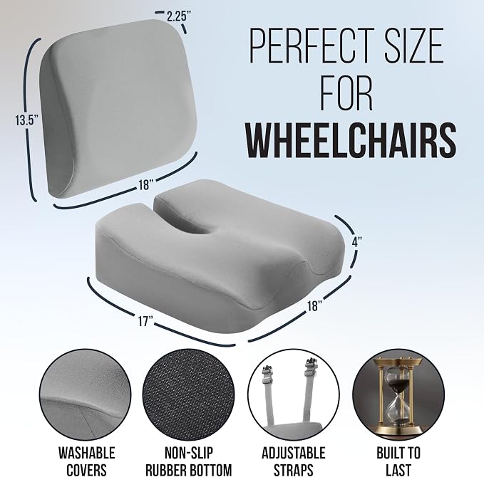 Elmara Doctor-Designed Wheelchair Seat Cushion Set – The Ultimate Comfort Solution – Thick Wheelchair Cushions Relieve Back & Sciatica Pain – Wheel Chair Cushions for Seniors, Wheelchair Pad (Gray)