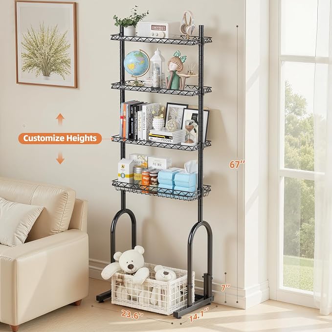 EAGMAK Over The Toilet Storage Rack, 4-Tier Bathroom Organizer with Adjustable Shelves & Basket, Rust-Resistant Metal Over Toilet Shelf for Small Bathroom Space Saving, Black