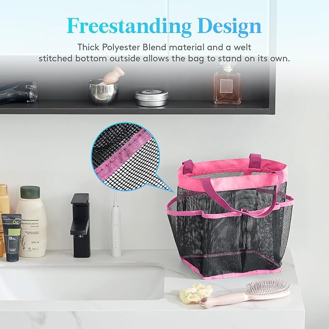 Lifewit Mesh Shower Caddy Portable for College Dorm Room Essentials with 7 Pockets, Freestanding Hanging Organizer Basket, Quick Dry Tote Bag for Camping, Bathroom, Beach, Travel, 1 Pack, Pink