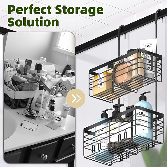 YUOROS Hanging Shower Caddy, 2 Tier Over the Door Shower Organizer Rack Organizer Stainless Steel Rustproof (Black)