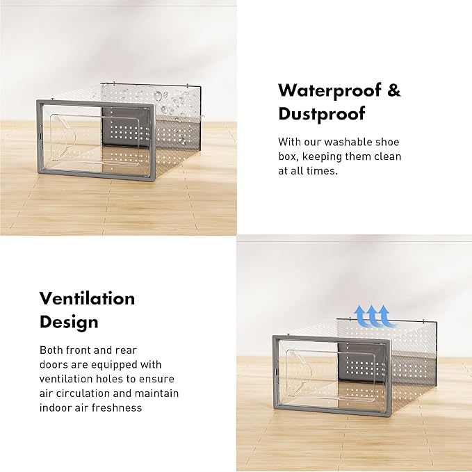 Foluck Shoe Storage Box, 15 Pack Clear Plastic Stackable Organizer for Closet, Interlocking Design Shoes Container Bins for Sneakers, Foldable Shoe Rack with Lids, Grey