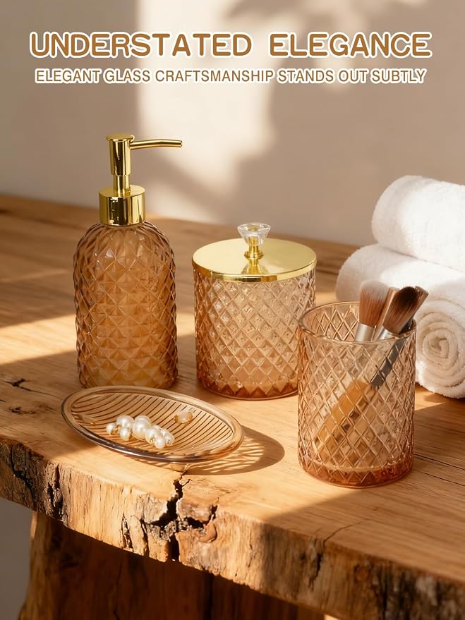 Haturi Amber Brown Bathroom Accessories Set, 4Pcs Glass Bathroom Accessory Set Complete w/Soap Dispenser, Toothbrush Holder, Qtip Holder, Soap Dish, Gold Bathroom Decor Sets, Gift for Home Apartment