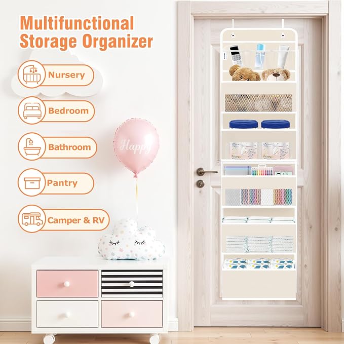 WISELIFE Over the Door Organizer - 6 Shelves Detachable Hanging Bedroom Storage Solution with 5 Large Pockets and 3 PVC Pockets for Dorm Bathroom, Pantry Nursery Baby Essentials (Beige)