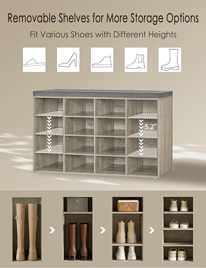 DINZI LVJ Shoe Storage Bench with Cushion, 16-Cubby Shoe Rack, Adjustable Shelves, Multifunctional Shoe Organizer Bench for Entryway, Mudroom, Hallway, Living Room, Bedroom and Garage, Gray Wash