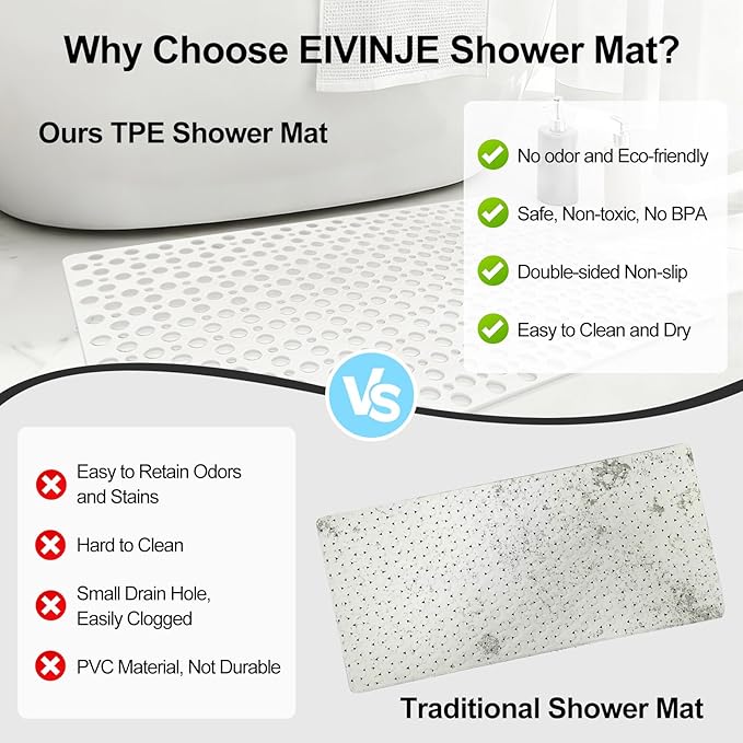 Bathtub Mat and Shower Mat Non Slip: 30 x 17 inch Soft TPE Bath Tub Mat with Suction Cups and Drain Holes, Anti Slip Shower Mats for Inside Shower, Machine Washable, Easy to Dry&Cut