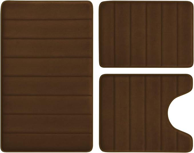 BYSURE Brown Memory Foam Bathroom Rug Set 3 Piece, Non Slip Extra Soft Absorbent Bath Mats, Machine Washable & Dry Toilet Mat Sets for Bathroom Floor