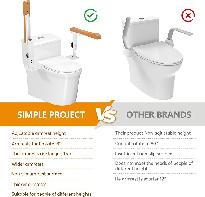 Simple Project 15.7" Toilet Safety Rails for Seniors, Flipped 90°＆Adjust Heigh Toilet Seat Handle, Super Sturdy 500LBS Toilet Safety Frame for Disabled or Mobility Issues, Grab Bars Arms(Brown)