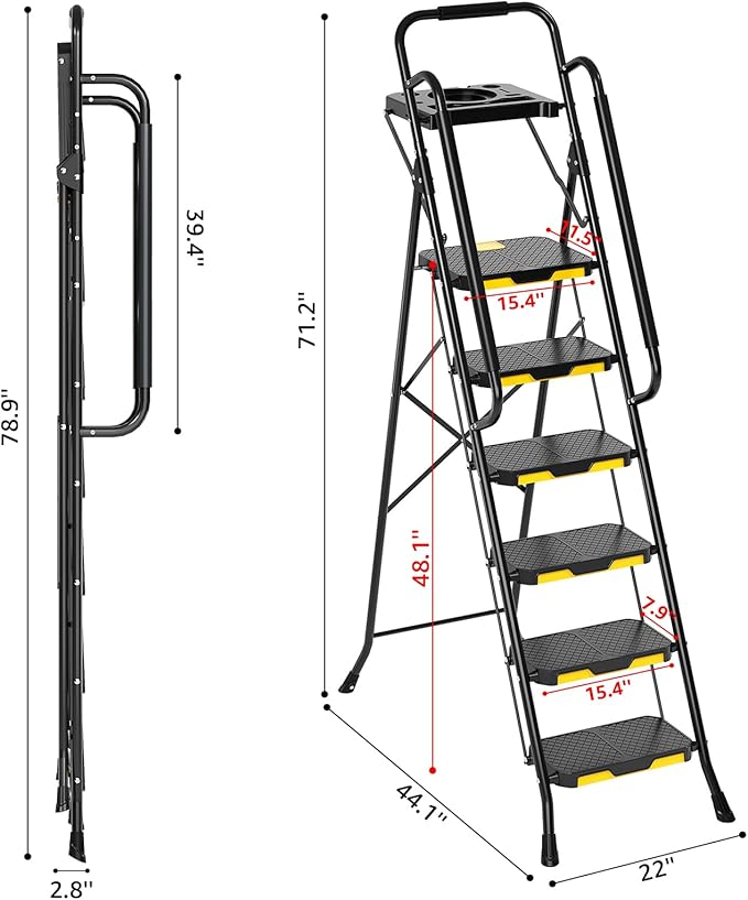 Urackify 6 Step Ladder, Folding Ladder for Multi-Purpose, Home, Kitchen, Heavy Sturdy Steel Portable Step Stool with Handrail, Safe-Lock Design, Anti-Slip Wide Pedals, Pass 500lbs Load Testing, Black