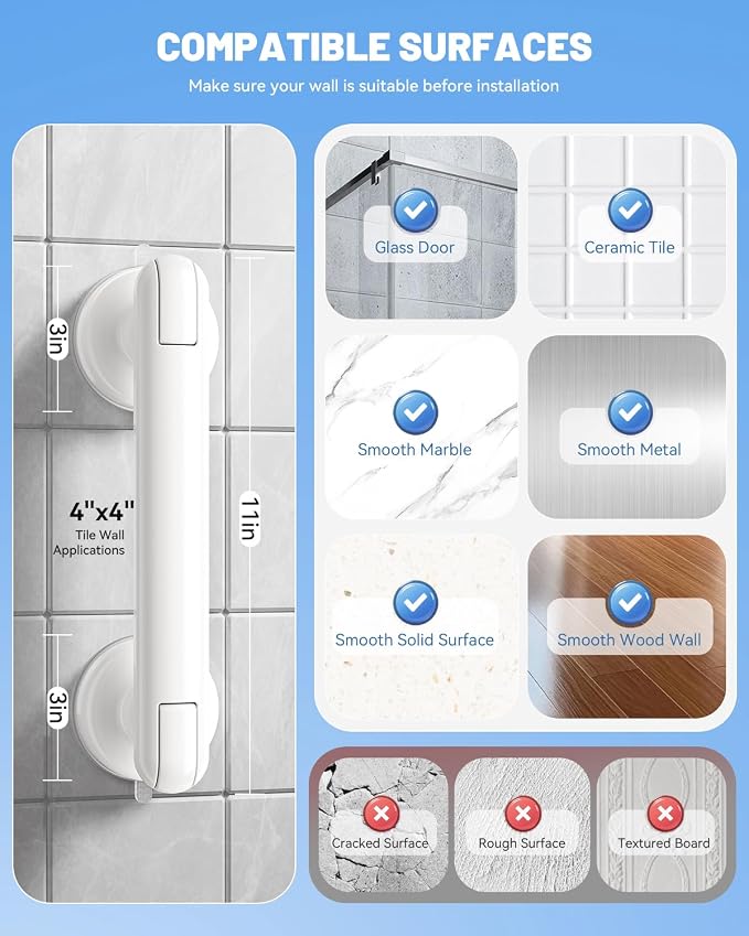 JOTPE Grab Bars for Shower, No Drilling & Removable Suction Cup Grab Bars, Heavy Duty Shower Handle for Seniors Elderly Handicap, Safety Bath Handrail for Balance Assistance, 2 Pack, White, 11 Inch