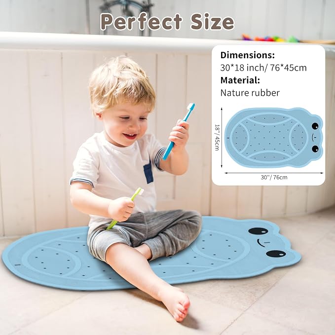 Upgraded Bathtub Mat Non Slip, Kids Bath Mat 30"x 18", Bath Mat for Tub Non Slip with Strong Suction and Textured Surface, Natural Rubber Latex Free PVC Free Safe for Baby, Frog Pattern, Blue