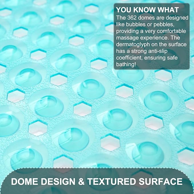 TEESHLY Bath Tub and Shower Mats, Non Slip 40 x 16 Inch Extra Large Bathtub Mat, Machine Washable Bathmat with Drain Holes, Suction Cups for Bathroom Floor, Clear Turquoise