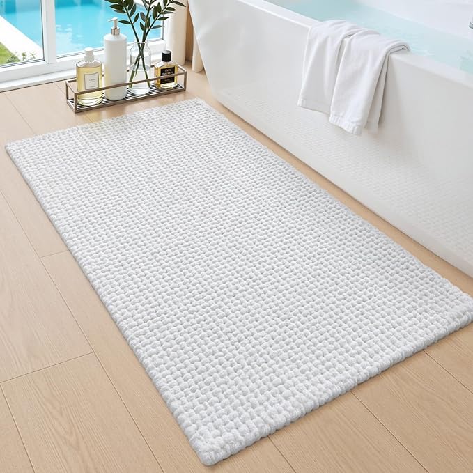 DEXI Bathroom Rugs 43x24, Non Slip Washable Bath Mat, Absorbent Chenille Bathmat, Ultra Soft Thick Carpet for Tub Shower Floor, White