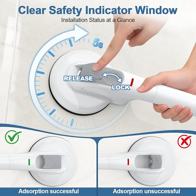 Grab Bars for Shower 19 Inch, 330lbs Heavy Duty Safety Bars with Indicator, Suction Cup Shower Handles with Upgraded Rubber Suction Cup, Gifts for Seniors, Elderly & Handicap