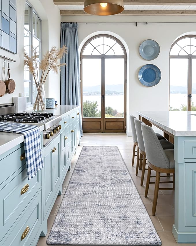 DEXI Kitchen Mats Cushioned Anti Fatigue, 23x59 Floor Padded Runner Rug Non Slip, Waterproof Standing Comfort Memory Foam for Front Sink Laundry, Blue
