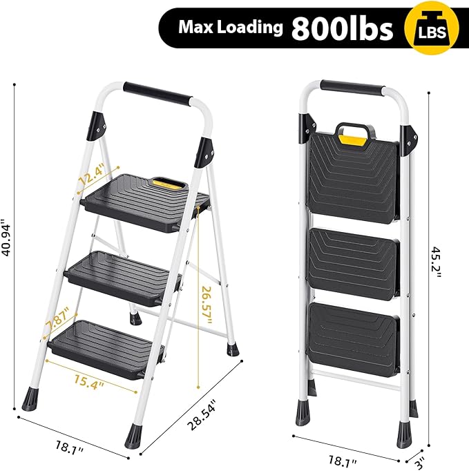 TOOLF 3 Step Ladder, Sturdy Steel Step Stool with Anti-Slip Wide Pedals, Handrail, Safe-Lock Design, Folding Portable Ladder for Multi-Purpose, Home, Kitchen, Pass 800lbs Load Testing, White