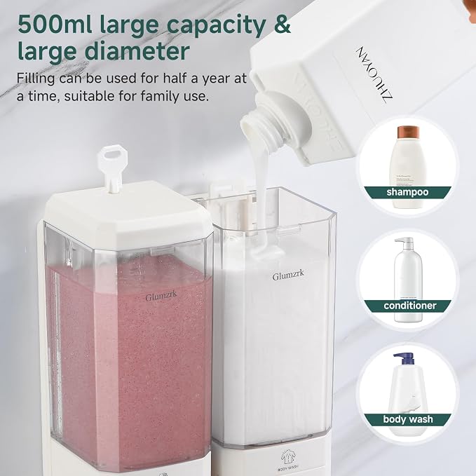 Shampoo and Conditioner Dispenser 2 Chamber No Drill Shampoo Dispenser for Shower Wall Mounted Shower Soap Dispenser 2 * 500ml Refillable Shower Dispenser for Bathroom Hotel,White