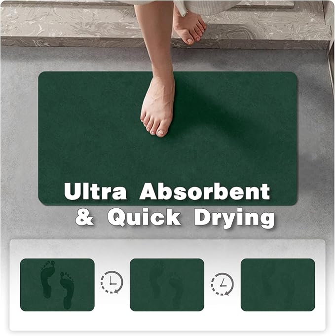 TYUU Bathroom Mat Quick Dry, Bathroom Rugs Non Slip Washable Thin Absorbent Bath Mat Fits Under Door Bathroom Floor Mat Perfect for Bath, Shower, or Sink 24"x36" Dark Green
