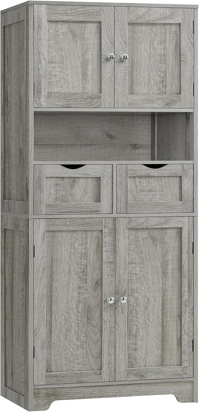 Iwell Tall Storage Cabinet with Adjustable Shelf, Bathroom Cabinet with 2 Drawers, Linen Cabinet for Living Room, Grey
