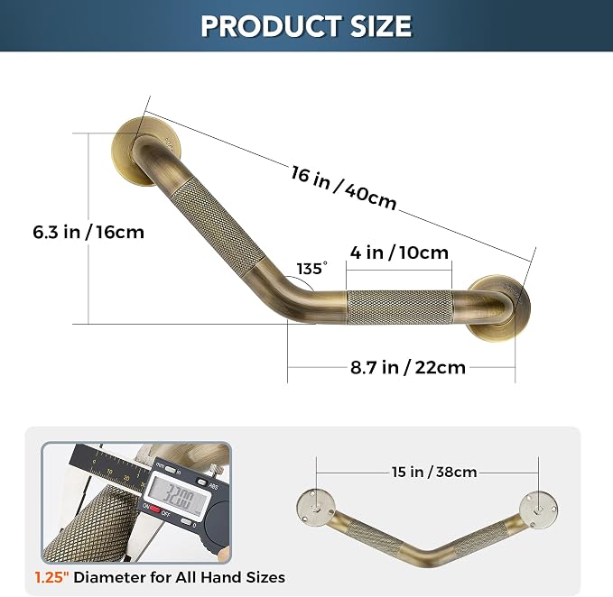 Grab Bars for Bathtubs and Showers- 1-1/4 x 16 Angled Shower Grab Bar for Seniors Knurled Stainless Steel Handicap Grab Bars for Wall (Antique Bronze, 2 Pack)