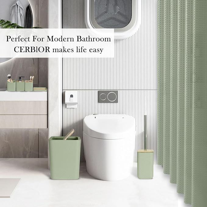 CERBIOR Bathroom Accessory Set with Shower Curtain, Includes Shower Curtain,Soap Dispenser, Toothbrush Holder, Toothbrush Cup, Soap Dish for Decorative Countertop and Housewarming Gift,Green,20PC