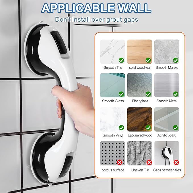 Grab Bars for Bathtubs and Showers, 2 Pack Shower Handle 12 Inch Strong Suction Shower Bar, Safety Bars for Shower Chair, Bathroom Grab Bar for Senior Black White