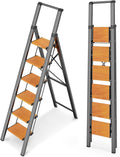 WOA WOA Step Ladder 6 Step Folding, Foldable Tall Ladder with Handrail, Aluminum Stepladder for High Ceilings, Lightweight, Deep Pedals, Anti-Slip Feet, Capacity 300 lbs - Black & Wood Grain