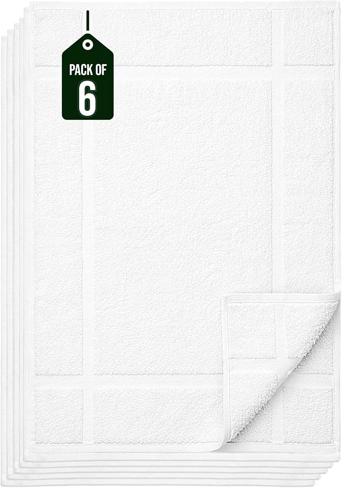 Pearl Linens Pack of 6 100% Cotton Bath Mat Towels,18x25 inches, Soft & Absorbent Floor Towels for Bathroom, Not Bathroom Rugs, After Shower Mat, 781 GSM, Machine Washable, Airbnb Essentials, White