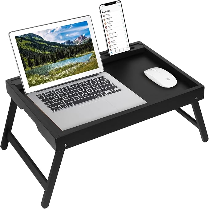 Artmeer Bed Tray Table with Folding Legs, Bamboo Breakfast Food Tray with Media Slot, Use As Platter, Laptop Desk, Snack, TV Tray Kitchen Serving Tray (Black Extra-Large Size)