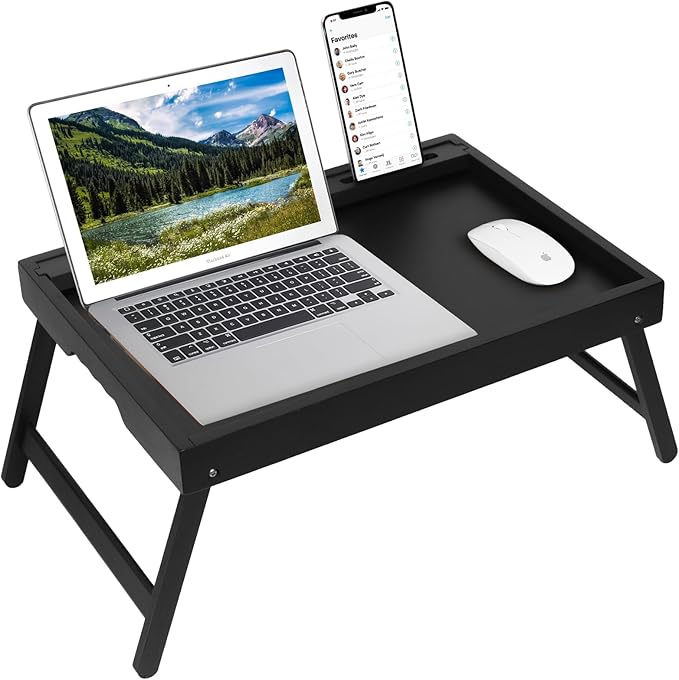 Bed Tray Table with Handles Folding Legs,Bamboo Breakfast Food Tray with Media Slot,Use As Platter,Laptop Desk,Snack,TV Tray Kitchen Serving Tray Black Large