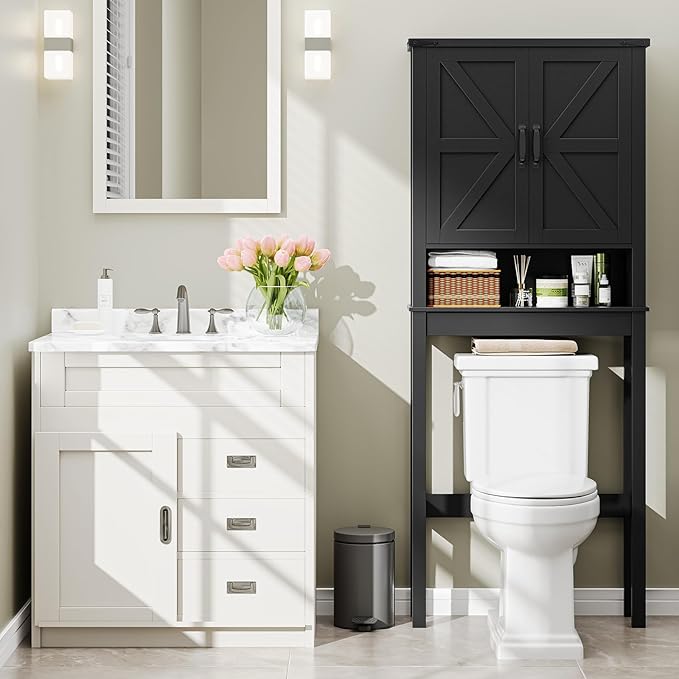 Halitaa Over The Toilet Storage Cabinet, Farmhouse Over Toilet Bathroom Organizer with 2 Barn Doors, Narrow Above Toilet Storage Cabinet, Behind Toilet Bathroom Organizer, Black