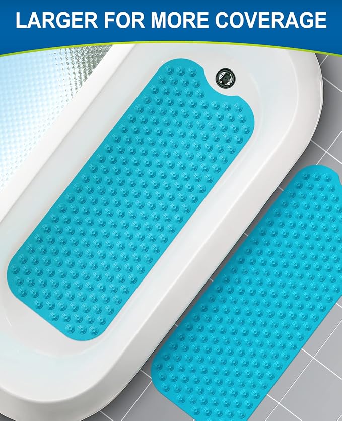 Bligli Bathtub Mat Non-Slip Without Suction Cups, 39x16inch Extra Long Bath Mats for Shower Bathroom, Machine Washable Natural Rubber Shower Tub Mat (39x16inch, Blue)