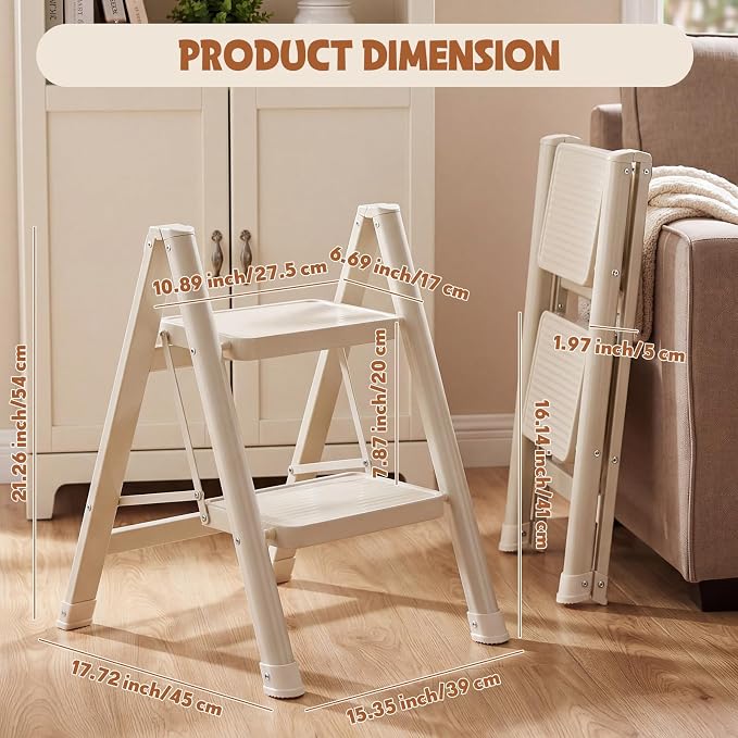 2 Step Ladder Lightweight Portable Folding Step Stool with Anti-Slip Wide Pedal 330lbs Capacity Carbon Steel Ladder for Household,Office,Library(White)