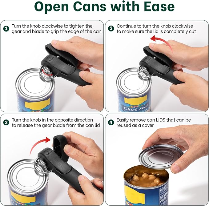 Beneno Can Opener, Safety Side Cut Manual Can Opener with Sharp Cutting Blade Smooth Edge, Effortless Easy to Turn Knob, Comfort Grip Handle, Smooth Cutting Can Lid with no Sharp Edges, Black