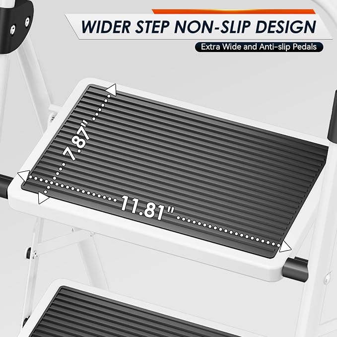 Urackify Step Ladder, 3 Step Ladder with Anti-Slip and Wide Pedal, Portable Foldable Step Stool with Handgrip, Sturdy Step Ladder for Home Kitchen Household, White