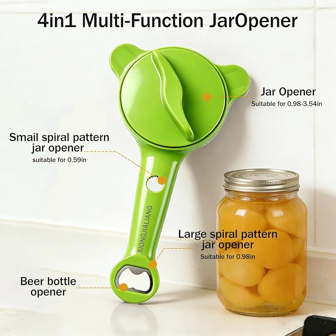 Adjustable Jar Opener for Weak Hands, 4-in-1 Multi-Function Manual Bottle Opener and Corkscrew Set for Seniors with Arthritis, Universal Lid Gripper Kitchen Gadget for All Jar Sizes (green)