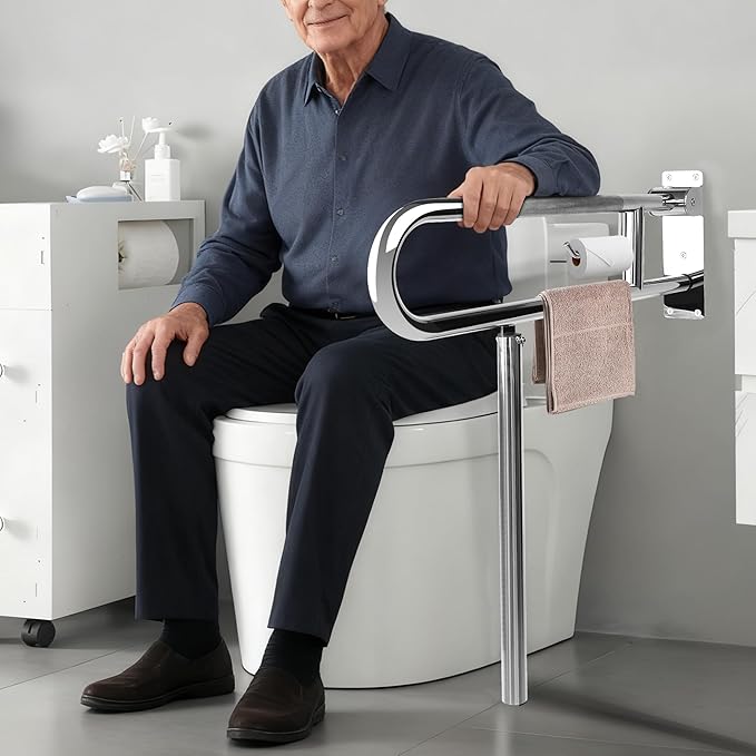 Handicap Grab Bar,23.6 Inch Stainless Steel 1.25" Diameter Toilet Safety Rails for Bathroom with Paper Holder, Anti-Slip Flip-Up Support Rail for Seniors Elderly
