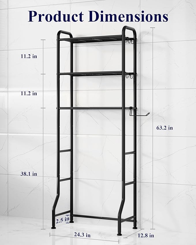 Kitsure Over Toilet Storage Rack - Metal Over Toilet Bathroom Organizer Shelf, Over the Toilet Storage Cabinet with Paper Holder and Hooks, Bathroom Cabinet for Laundry, Black, 3 Tiers (63.2" H)