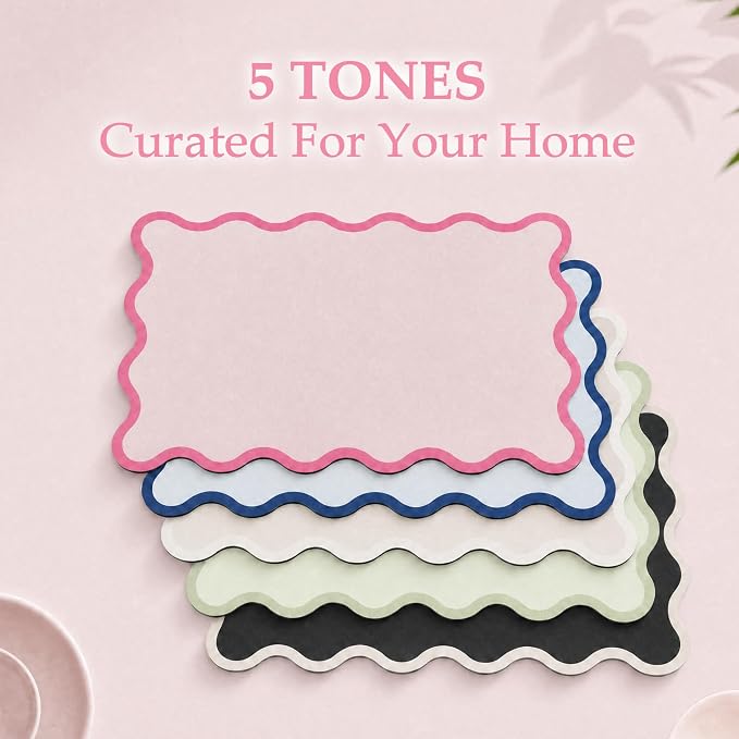 Scalloped Dish Drying Mat for Kitchen Counter, Absorbent Easy Clean Non-slip Coffee Bar Station Accessories, Trendy Cute Aesthetic Modern Drainer Kitchen Drying Mat, Pink 15" x 24"