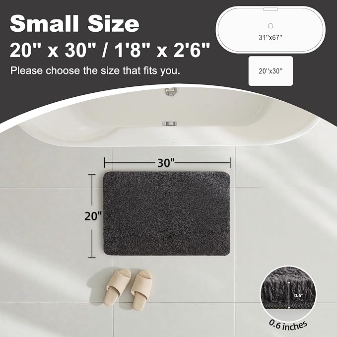 TYUU Bathroom Rugs Non Slip Washable, Ultra Soft Super Absorbent Quick Dry Small Bath Mat with Rubber Backing for Bathroom Floor, Shower, or Sink, Dark Grey 20" x 30"