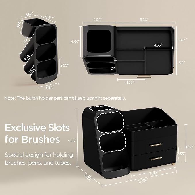 HBlife Cologne Organizer for Men Makeup Organizer with Brush Holder for Vanity, Large Plastic Bathroom Countertop Organizer Skin Care Storage, Fathers Day Gift for Dad Husband, All Black