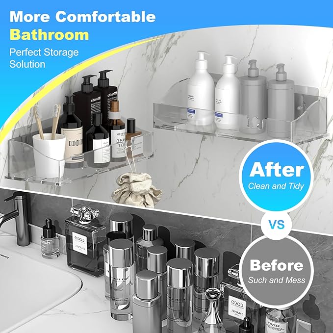Acrylic Shower Shelves 3 Pack, Clear Adhesive Shower Caddy Organizer, Rustproof No Drill Wall Mount Bathroom & Kitchen Storage Rack